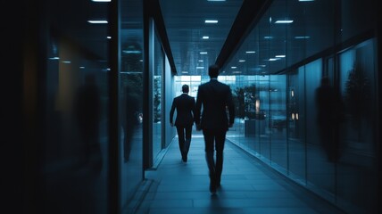 Group of Business people walking in the office corridor in night,People in business center walking at hall,motion go around at coworking space,Wide image,Concept of office life,co working space.