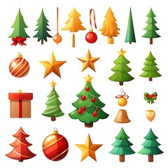 Festive collection of colorful christmas trees and ornaments for holiday celebrations and decorations