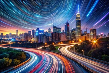Fototapeta premium Stunning Long Exposure Nightscape of City Lights and Star Trails