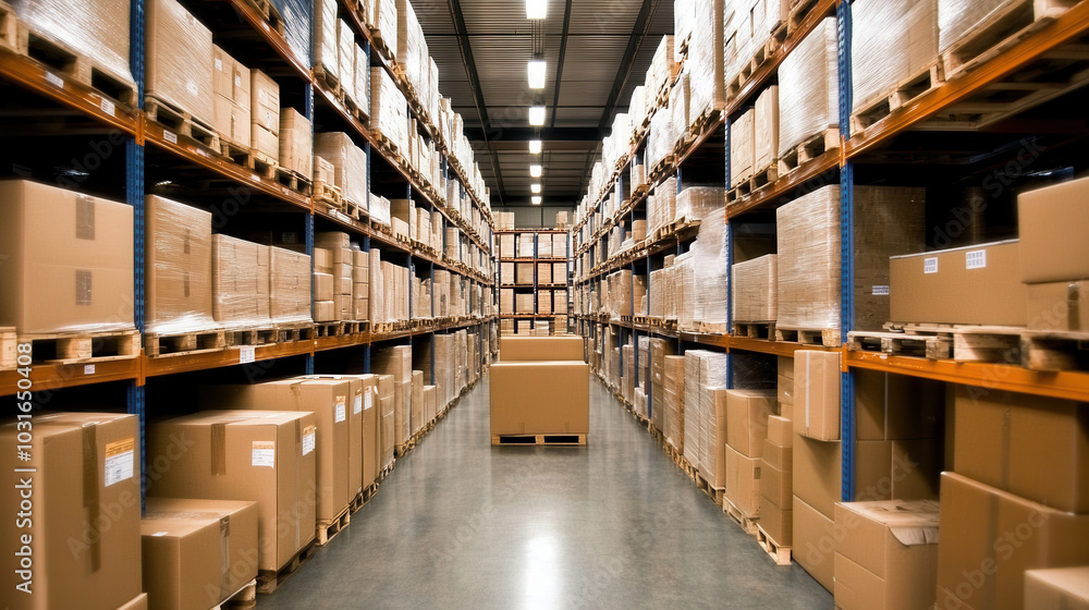 Aufkleber efficient warehouse storage with neatly stacked cardboard boxes and clear safety markings. organized