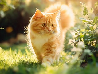 2408 85.A charming summer portrait of a red Siberian cat walking through a lush garden, its fluffy fur glowing in the sunlight. The green grass and surrounding plants create a beautiful natural