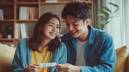 Happy young couple looking at a small object while sitting on a couch.