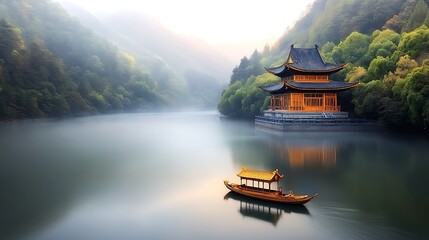 Obraz premium A serene landscape depicting a hidden golden temple nestled in the mountains, surrounded by lush greenery and mist. The sunlight glimmers off the temple's intricate architecture, symbolizing 