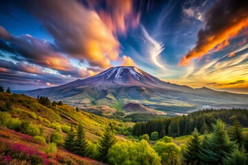 Fototapeta premium Stunning Long Exposure Panorama of Mount Saint Helens with Dramatic Clouds and Lush Greenery