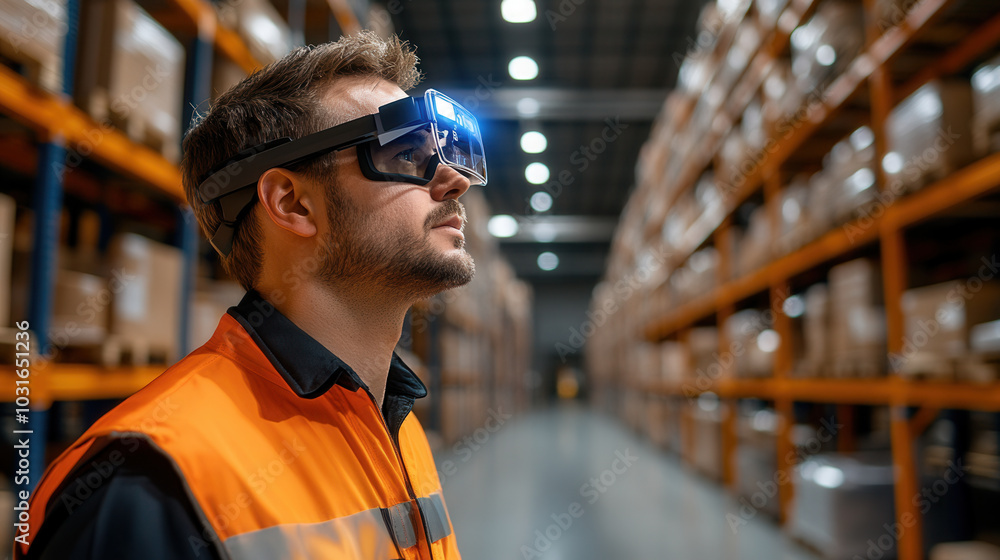 Poster efficient warehouse worker using augmented reality glasses to scan goods in large storage facility, 