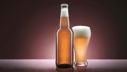 Product photography, advertising poster, beer bottle with beer glass It looks delicious and has a cool atmosphere.