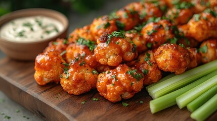 Crispy cauliflower bites tossed in a tangy buffalo sauce, served with celery sticks and vegan ranch dip on a wooden board