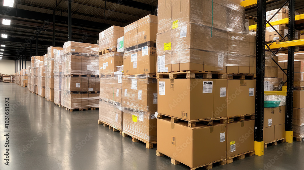 Poster organized warehouse with neatly stacked pallets of cardboard boxes, showcasing clean and efficient s