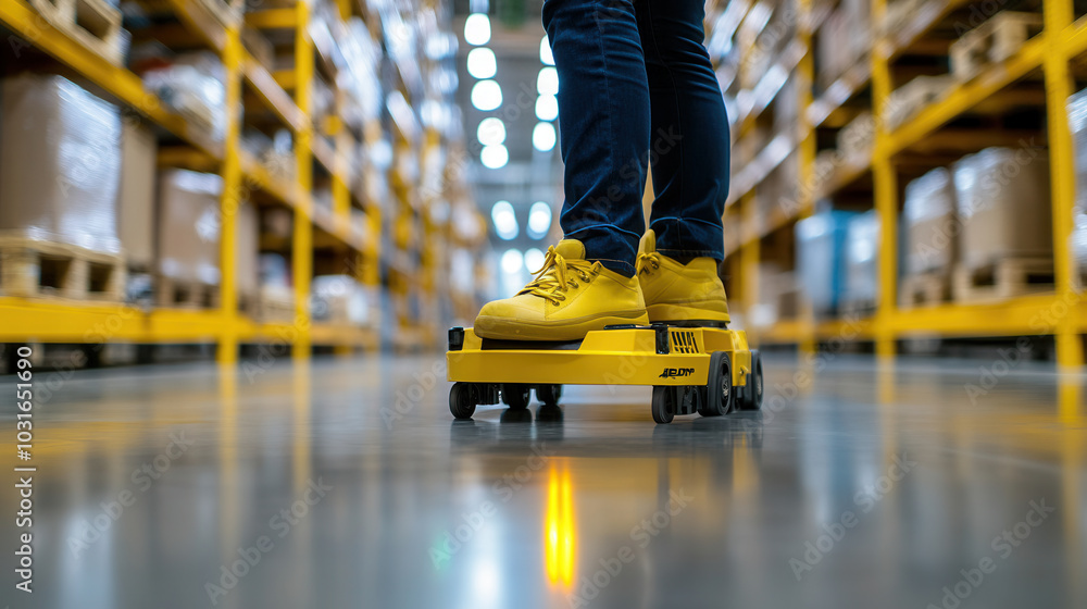 Poster efficient worker using high tech warehouse transport system, standing on yellow automated cart. brig