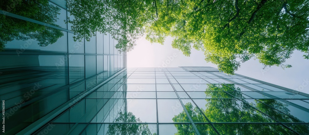 Poster low angle view of a modern glass building with green trees reflecting in the windows.