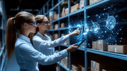 Efficient workers using holographic technology to manage inventory in warehouse. They interact with digital interfaces while organizing packages, showcasing innovation and teamwork