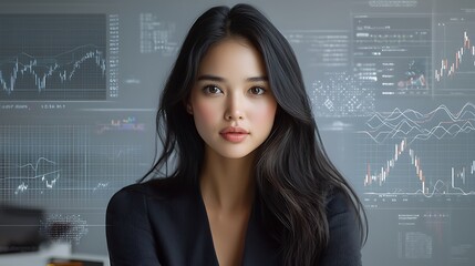 A worried businesswoman surrounded by floating financial graphs and charts in a digital space, representing the overwhelming nature of managing expenses and the need for innovative solutions. 