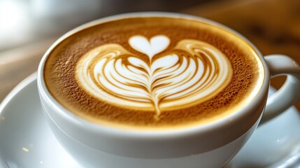 Close-up of a latte with a heart and leaf design in a white cup