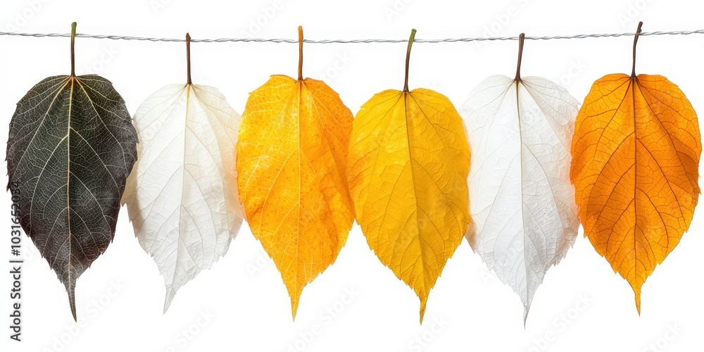 Poster autumn leaves color change sequence hanging on string isolated on white background