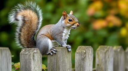 A gray squirrel sits on a wooden fence, looking curiously at something off camera. It's tail is bushy and upright, and its fur is soft.