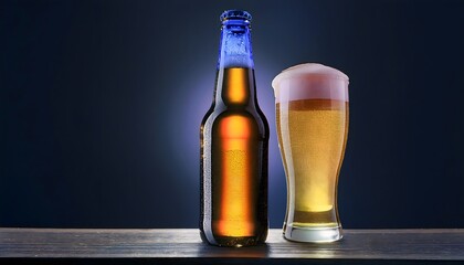Product photography, advertising poster, beer bottle with beer glass It looks delicious and has a cool atmosphere.