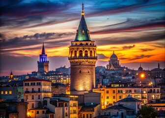 Stunning Macro Photography of Istanbul Skyline Featuring Galata Tower at Dusk with Vibrant City Lights and