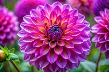 Obraz premium Stunning macro photo of vibrant purple pink dahlia flower showcasing intense vivid colors and intricate petal details