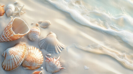 Detailed View of Seashells Scattered on a White Sand Beach