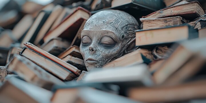 Alien Student Surrounded by Books in Library   Futuristic Education Concept