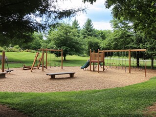 Obraz premium 2408 127.A large playground filled with various play structures such as swings, slides, and a jungle gym, all surrounded by green grass and trees. The trees provide shade, while the bright play