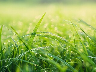 Obraz premium 2408 117.A lush meadow of green grass after a rain shower, with tiny water droplets scattered across the blades. The grass is vibrant and fresh, reflecting the moisture in the air. The dewdrops catch