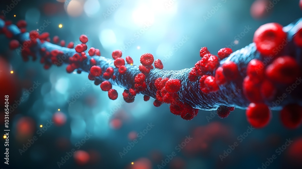Poster 3d rendering of red blood cells flowing through a vascular system with depth of field