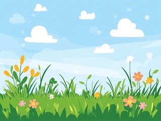 Fototapeta premium 2408 45.A minimalist vector illustration of a green lawn with small flowers blooming, set against a bright blue sky with light clouds. The flat-style design captures the simplicity and beauty of
