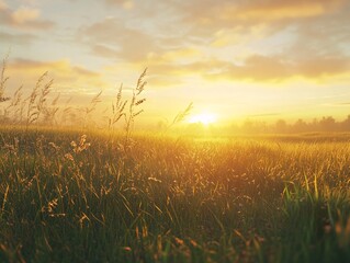 Fototapeta premium 2408 64.A picturesque grass field at dawn, with soft, golden light from the rising sun illuminating the meadow. The lush grasses sway gently in the breeze as the countryside horizon glows with warm,