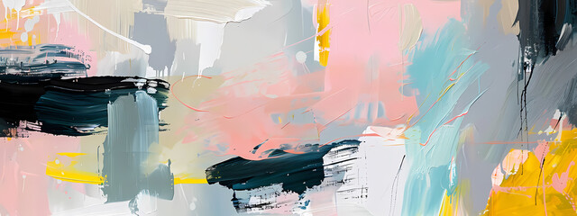 A vibrant abstract painting featuring bold brush strokes in shades of pink, yellow, black, and blue, creating a dynamic visual experience.