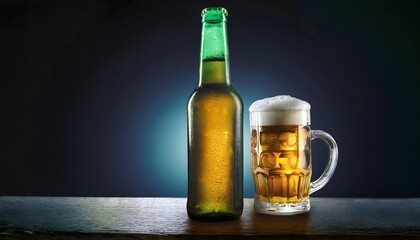 Product photography, advertising poster, beer bottle with beer glass It looks delicious and has a cool atmosphere.
