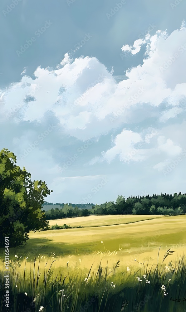 Aufkleber 74. an open field with a distant tree line