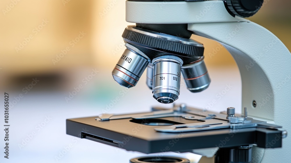 Poster microscope lenses closeup with objective lens in focus