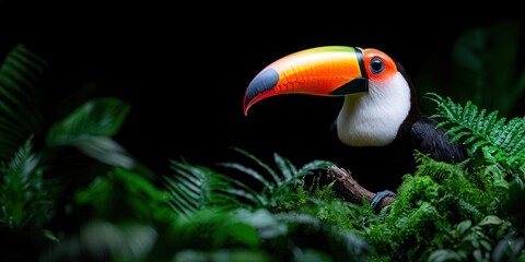 Naklejka premium Colorful Toucan Bird Perched on Branch in Tropical Jungle with Green Foliage