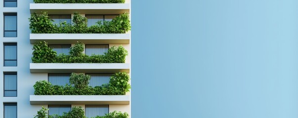 Modern building facade with balconies adorned with greenery under a clear blue sky.