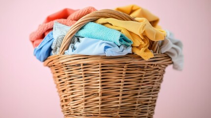 Colorful Laundry in Wicker Basket   Home Cleaning  Clothes  Storage  Household