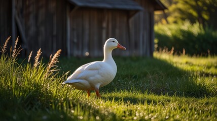 A single white duck walks through tall green grass in front of a wooden shed.