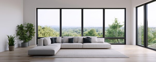 Fototapeta premium Modern interior design featuring a spacious living room with large windows and a stunning view.