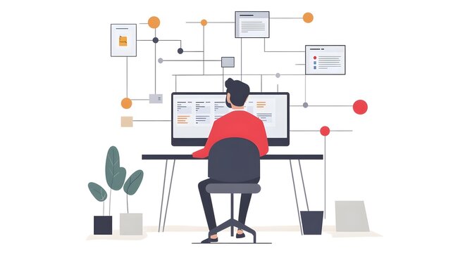 Businessman Analyzing Digital Workflow Automation Scheme on Computer Screen