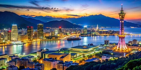 Naklejka premium Stunning Night Skyline of Kobe, Japan - Vibrant City Lights and Majestic Harbor Views