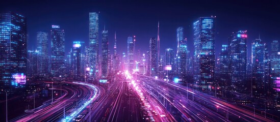 Fototapeta premium City skyline at night with glowing neon lights and busy highway traffic.