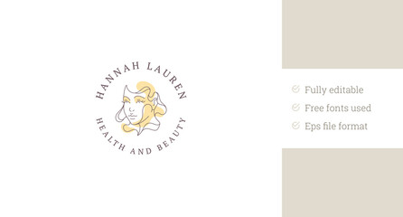 Elegant female face yellow pastel spot continuous line art logo design template vector illustration. Beautiful gentle woman portrait circle linear logotype for makeup artist cosmetology salon