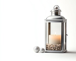 Silver lantern with a candle and pebbles, white isolated background.