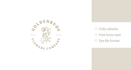 Elegant female hand with buttercup flower circle line art logo design template vector illustration. Beautiful woman arm with botanical floral blossom linear logotype for gardening florist skin care