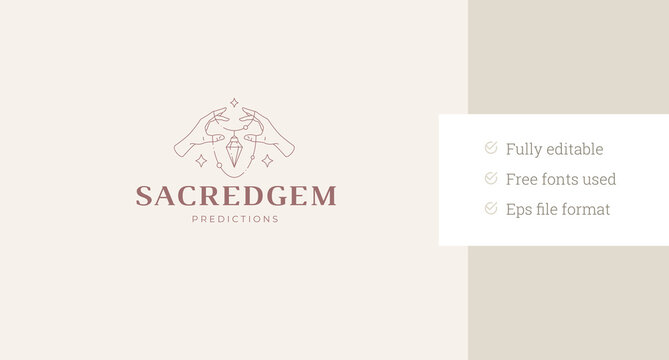 Hands holding magic necklace with gem crystal line art logo design template vector illustration. Luxury jewelry accessory brilliant diamond linear logotype for cosmetology stylist fashion brand