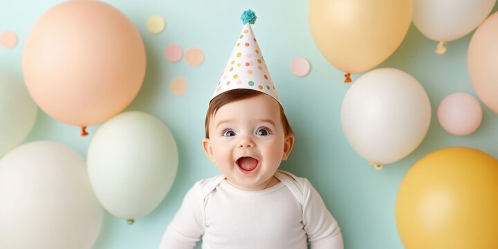 Joyful baby celebrating first birthday with colorful balloons and party hat