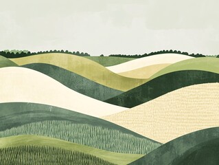 2408 10.A simplistic vector illustration of abstract fields, representing rural farmland with rice, wheat, and corn textures. The rolling hills of green grass are shown in flat, geometric shapes,