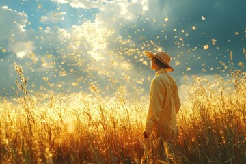 Fototapeta premium A person wearing a straw hat stands in a field of tall grass, looking up at the sky as the sun shines through the clouds.