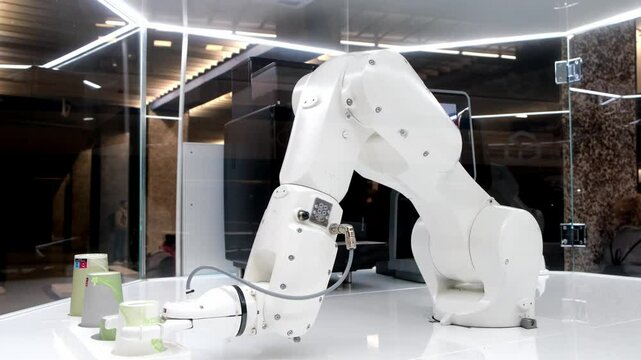 A modern robot prepares coffee, showcasing innovation in service. This moment highlights the blend of technology and everyday life, making the coffee-making process convenient and engaging.