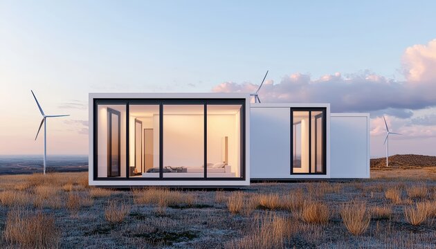 Modern minimalist house with large windows and wind turbines in a scenic landscape. - Powered by Adobe